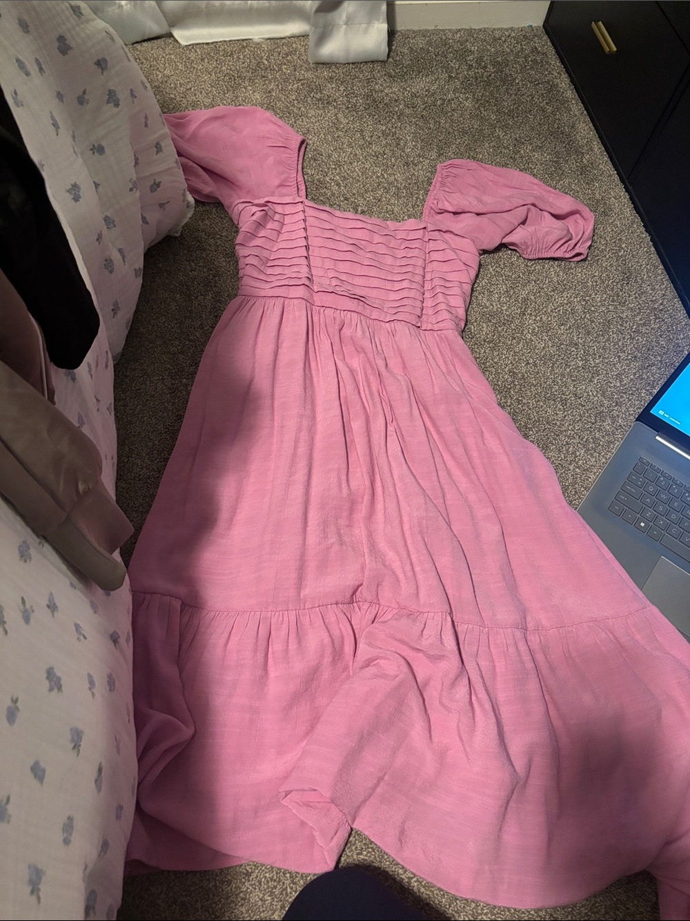 Pink Womens Puff-Sleeve maxi Tiered Dress